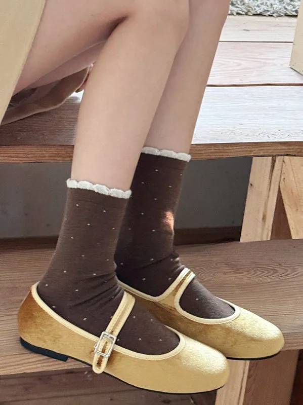 Polka-dot Pattern Ruffled Cuff Calf Socks