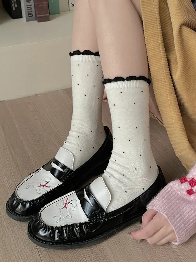 Polka-dot Pattern Ruffled Cuff Calf Socks