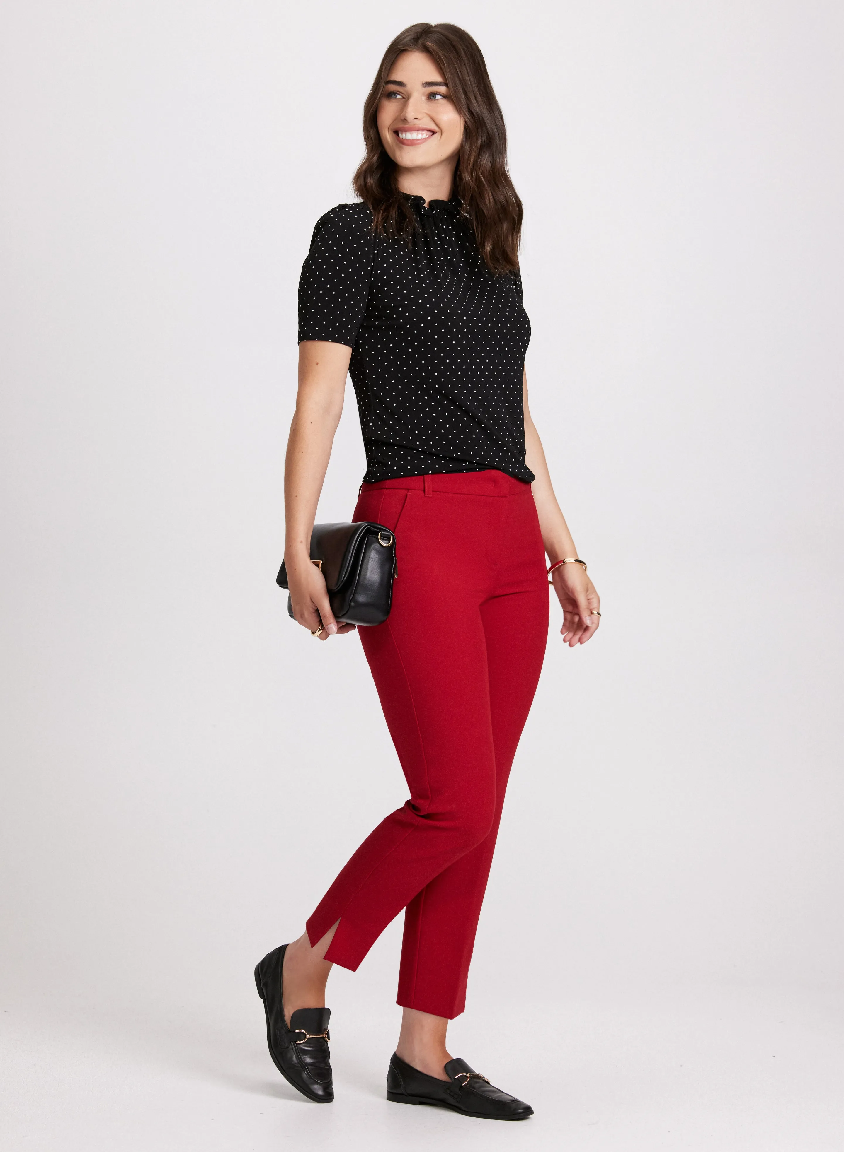 Polka Dot Pleated Mock Neck Top