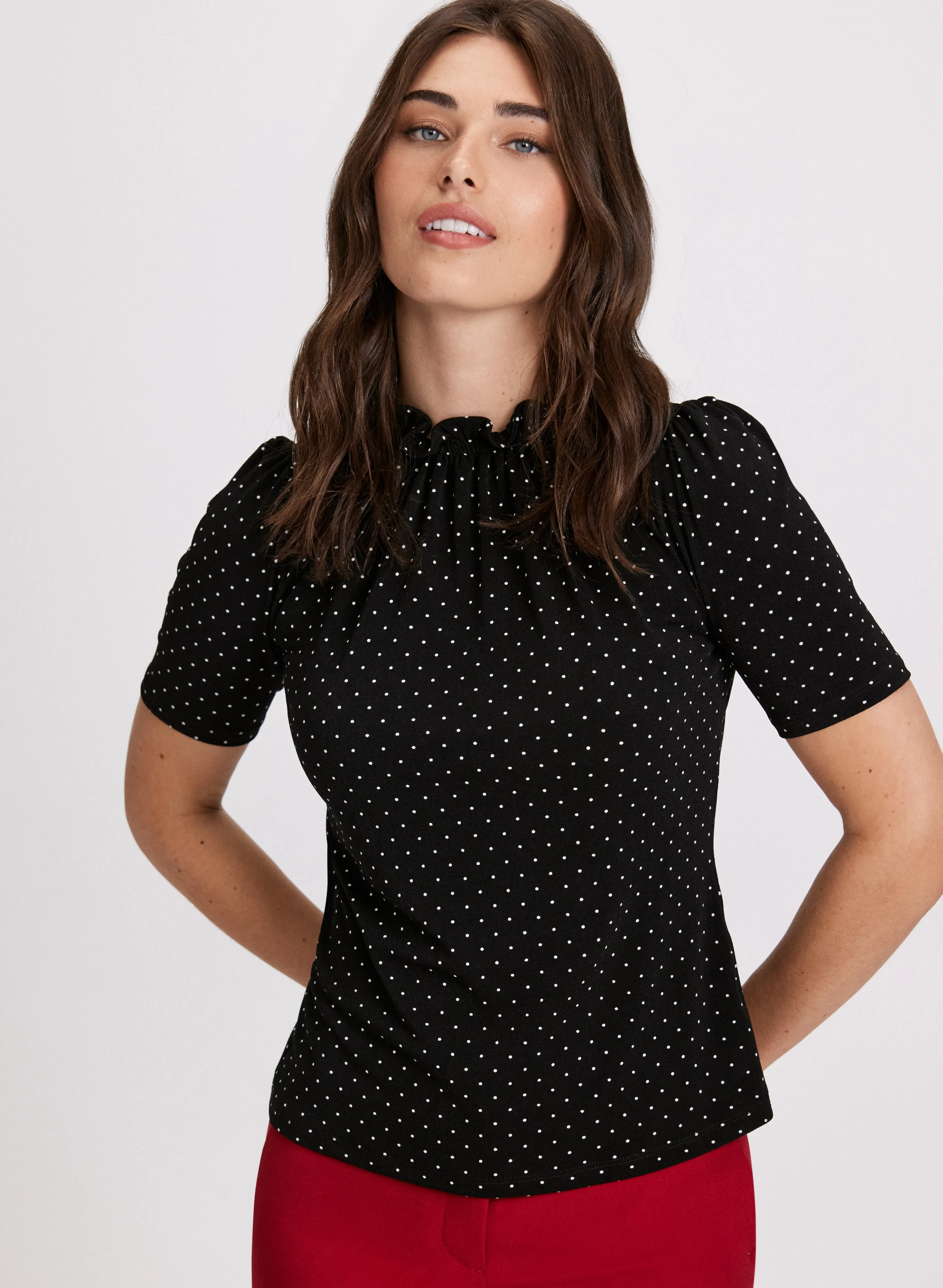 Polka Dot Pleated Mock Neck Top