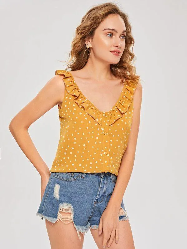 Polka Dot Ruffle Covered Button Blouse