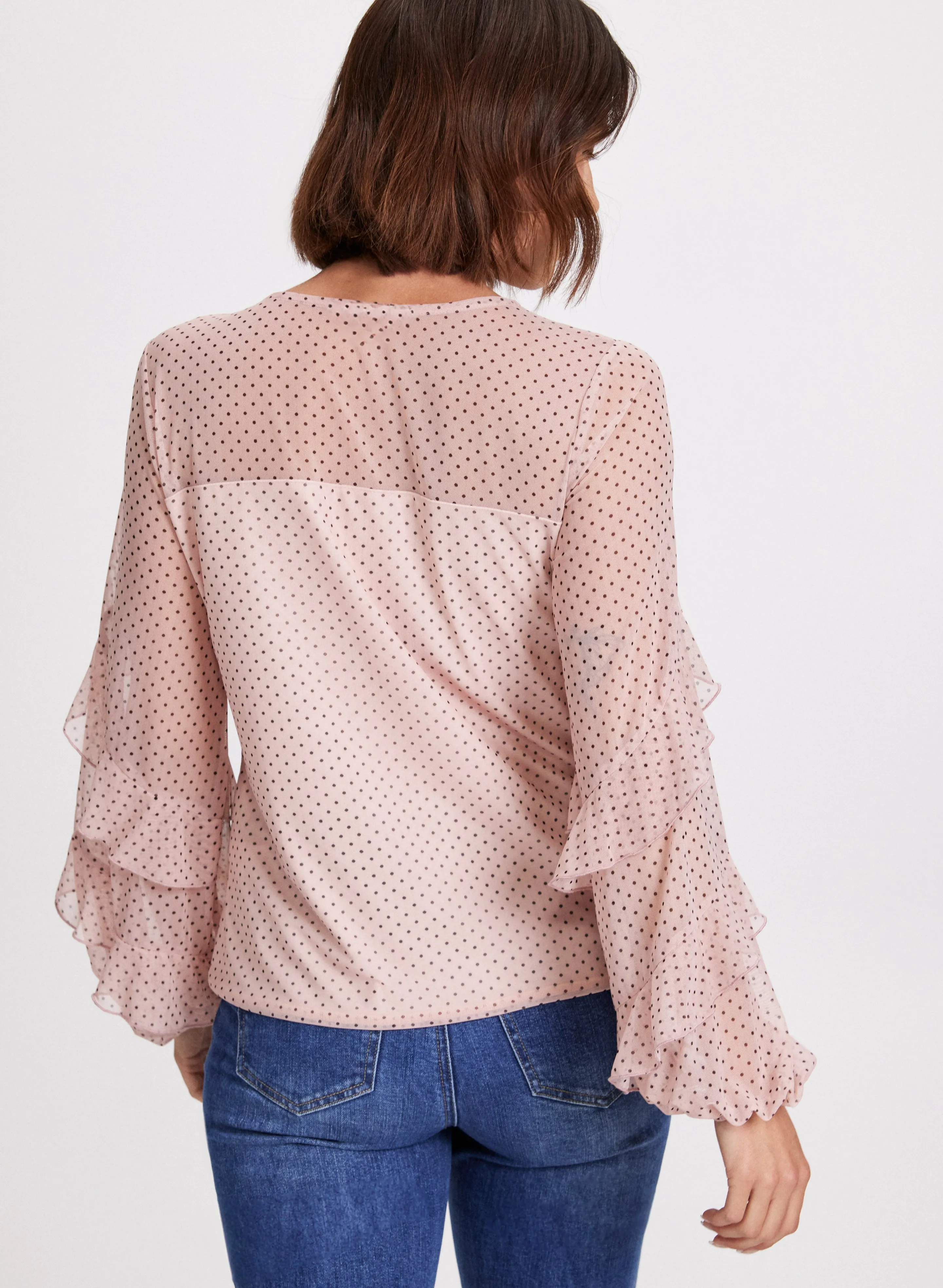 Polka Dot Ruffled Mesh Sleeves Top