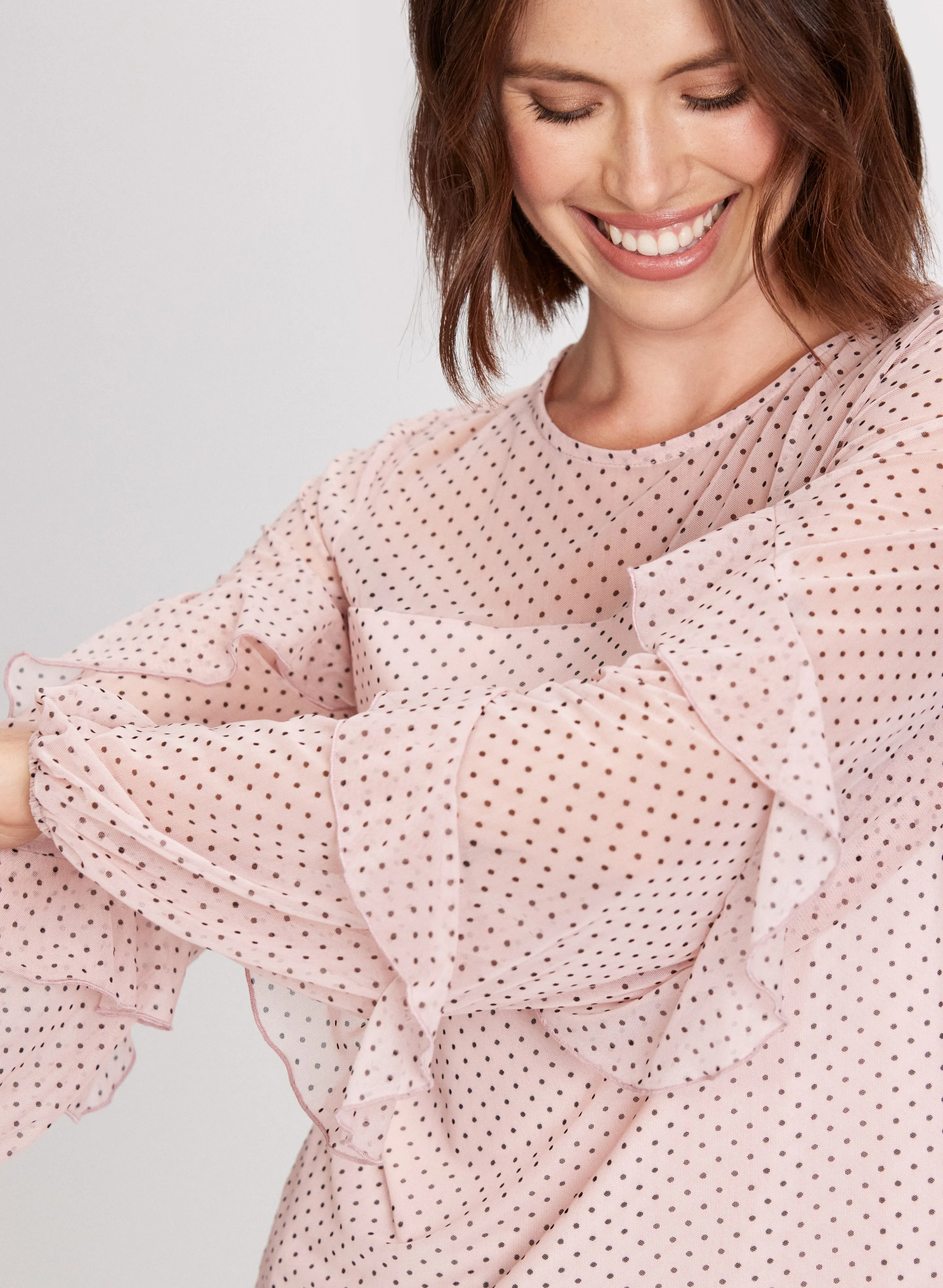 Polka Dot Ruffled Mesh Sleeves Top