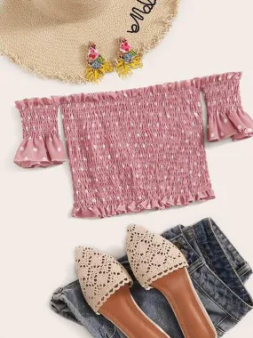Polka Dot Shirred Off The Shoulder Blouse