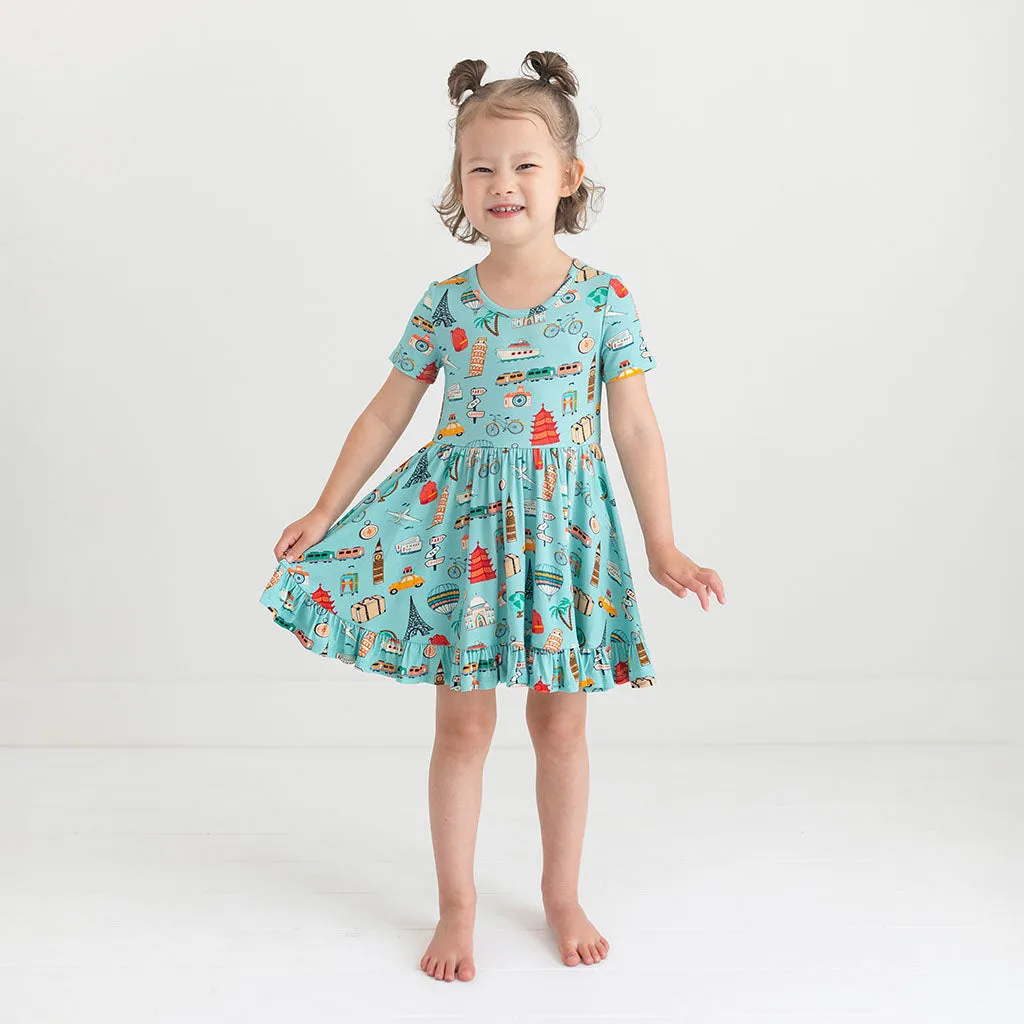Posh Peanut Around the World Short Sleeve Ruffled Twirl Dress