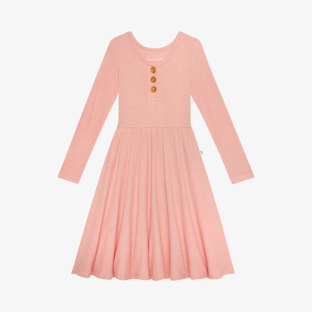 Posh Peanut Fall Rose Waffle L/S Henley Twirl Dress