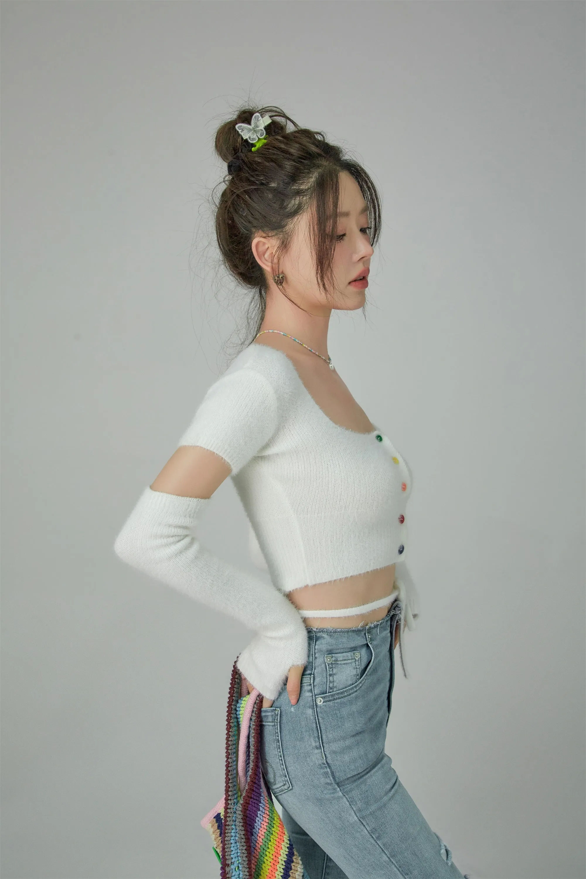 Rainbow Button Cutout Long Sleeves Knit Top