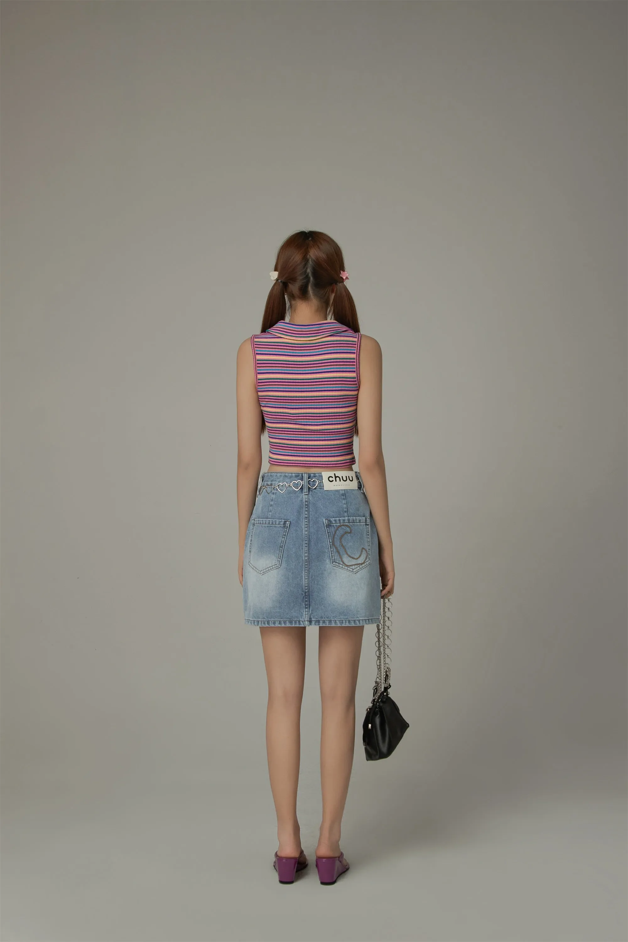 Rainbow Polo Neck Slim Crop Sleeveless Top