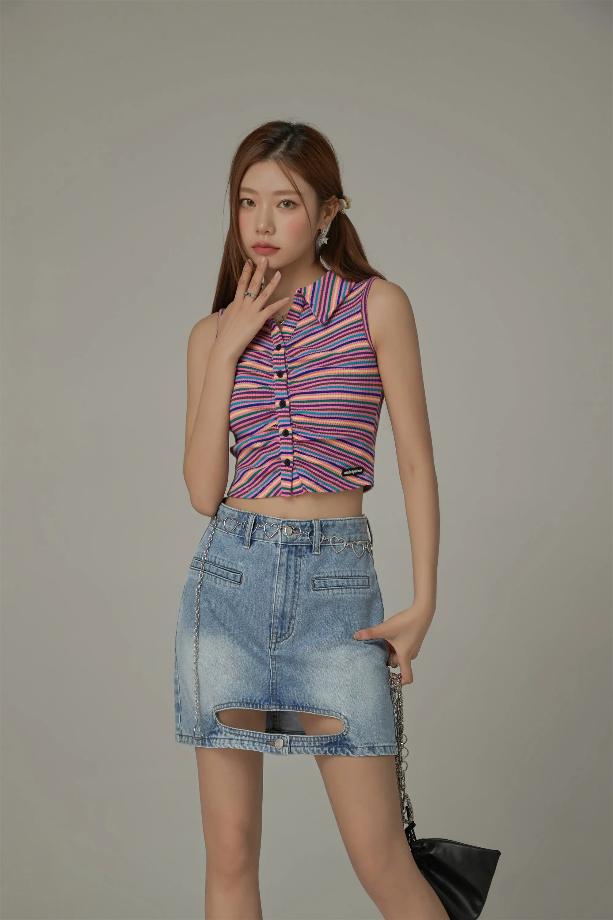 Rainbow Polo Neck Slim Crop Sleeveless Top