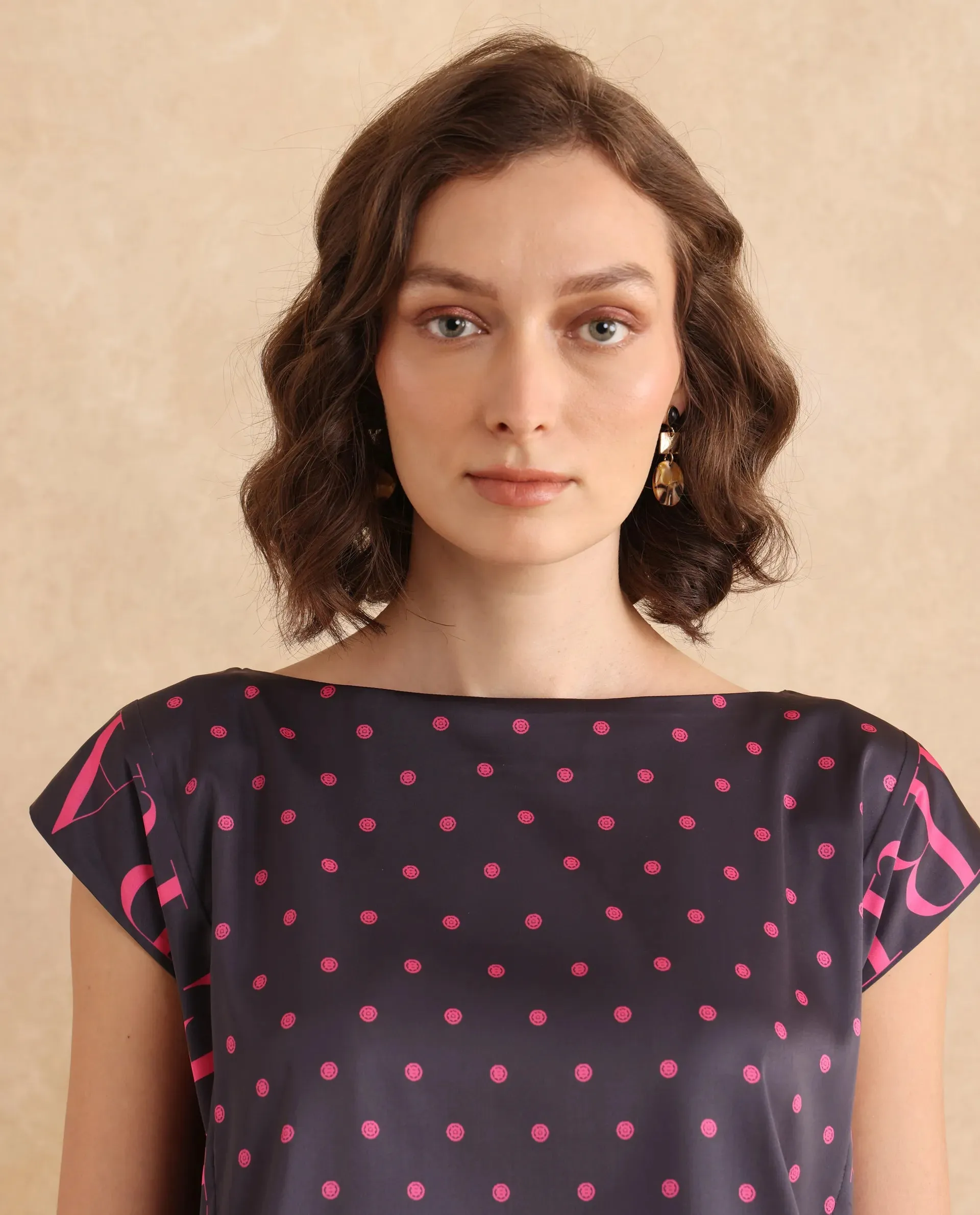 Rareism Women Utkco Dark Grey Polyester Fabric Extended Sleeve Boat Neck Regular Fit Polka Print Top