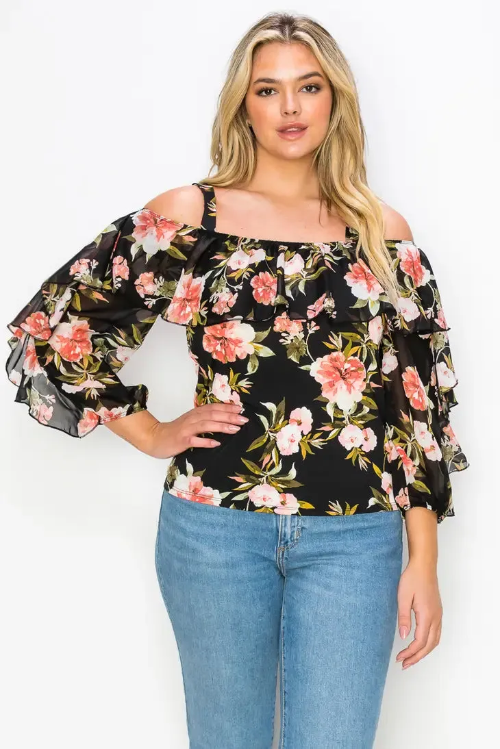Ruffle Cold Shoulder Mix Media
