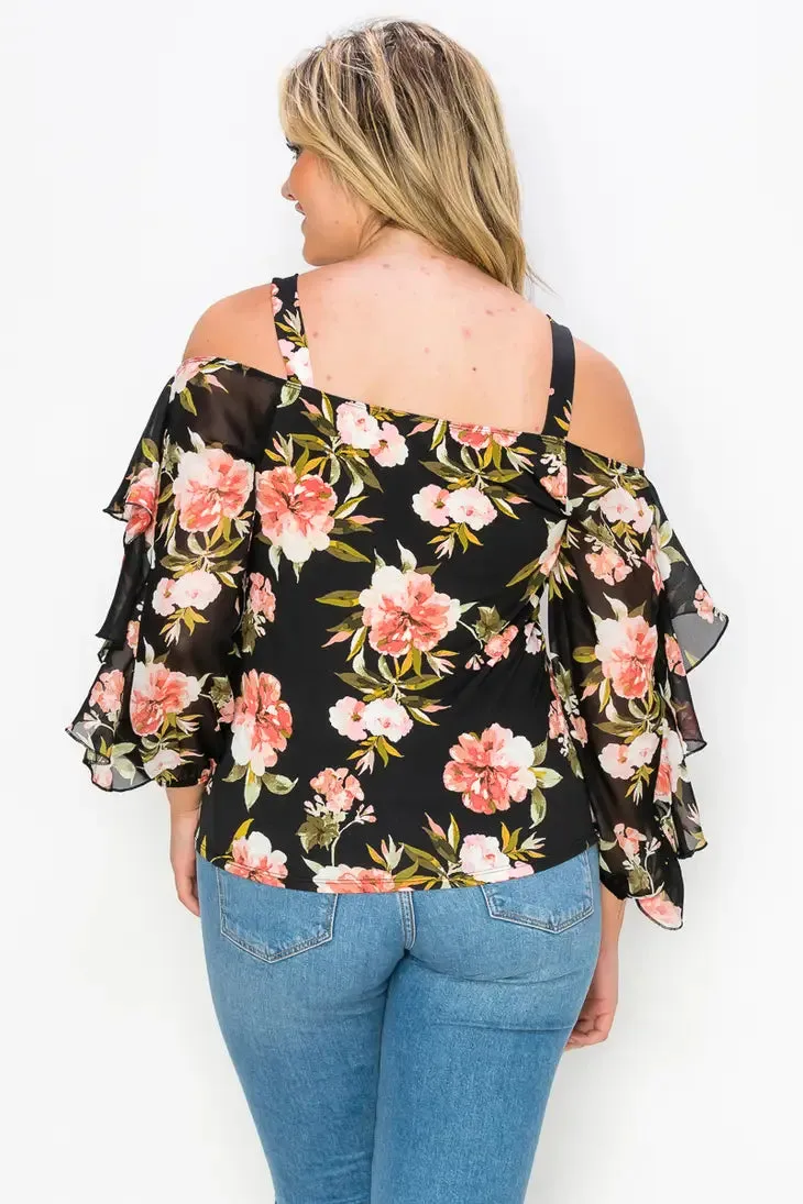 Ruffle Cold Shoulder Mix Media
