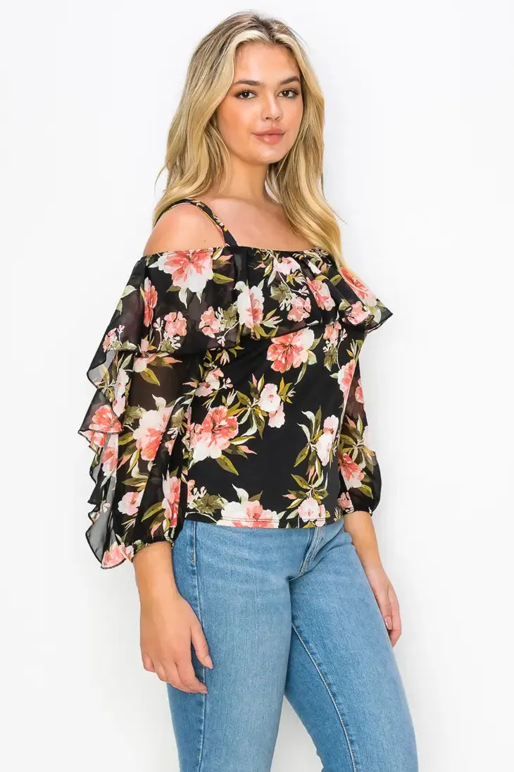 Ruffle Cold Shoulder Mix Media