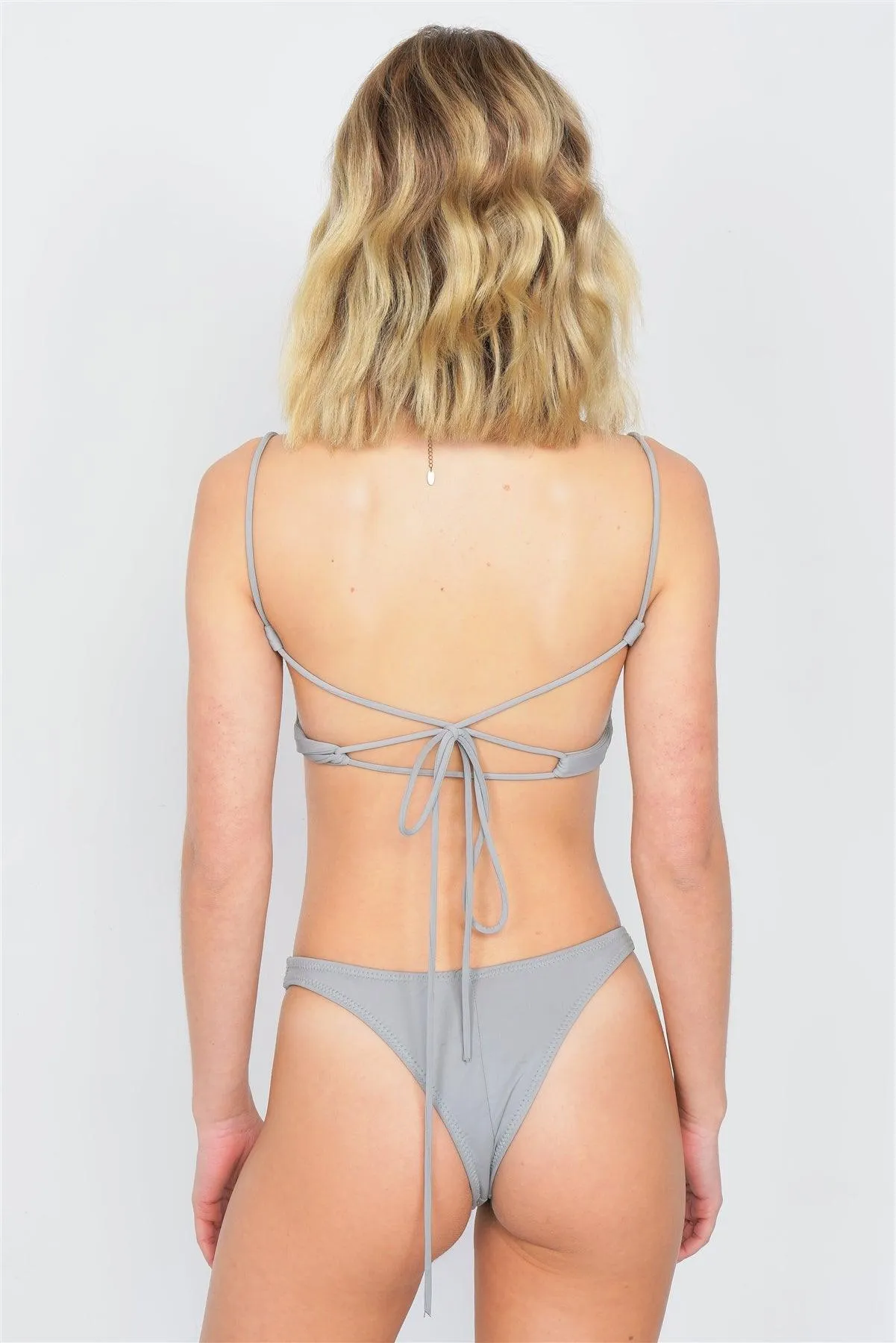 Sage Grey Lace-Up Bandeau High-Waist Cheeky Bikini Swimsuit Set /3-2-1