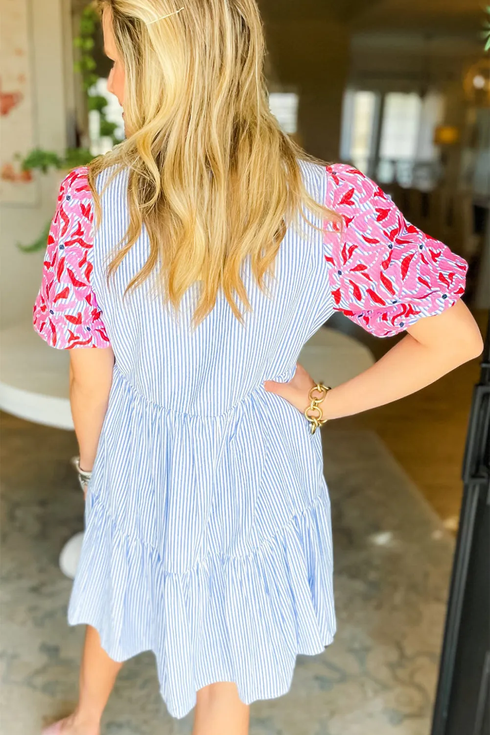 Stripe Blue Multicolor Pink Floral Tier Dress