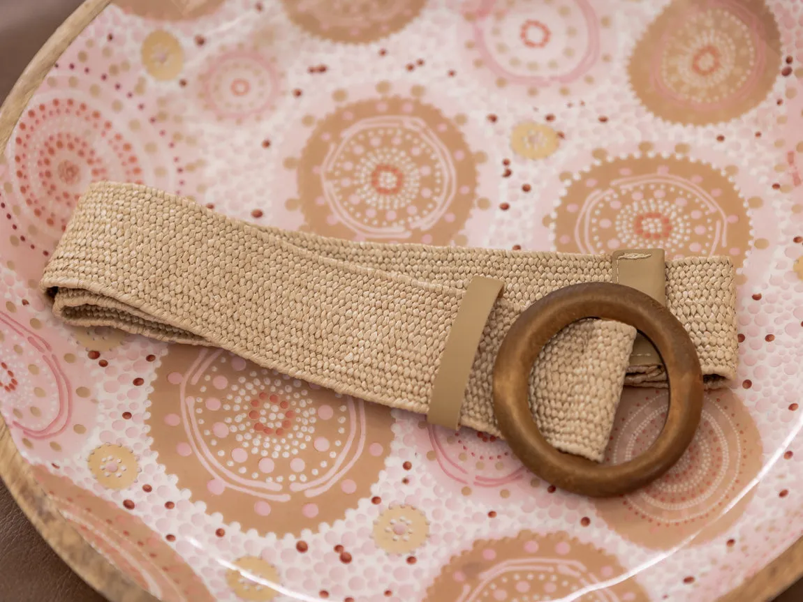 Tan Rattan Belt with Round Buckle