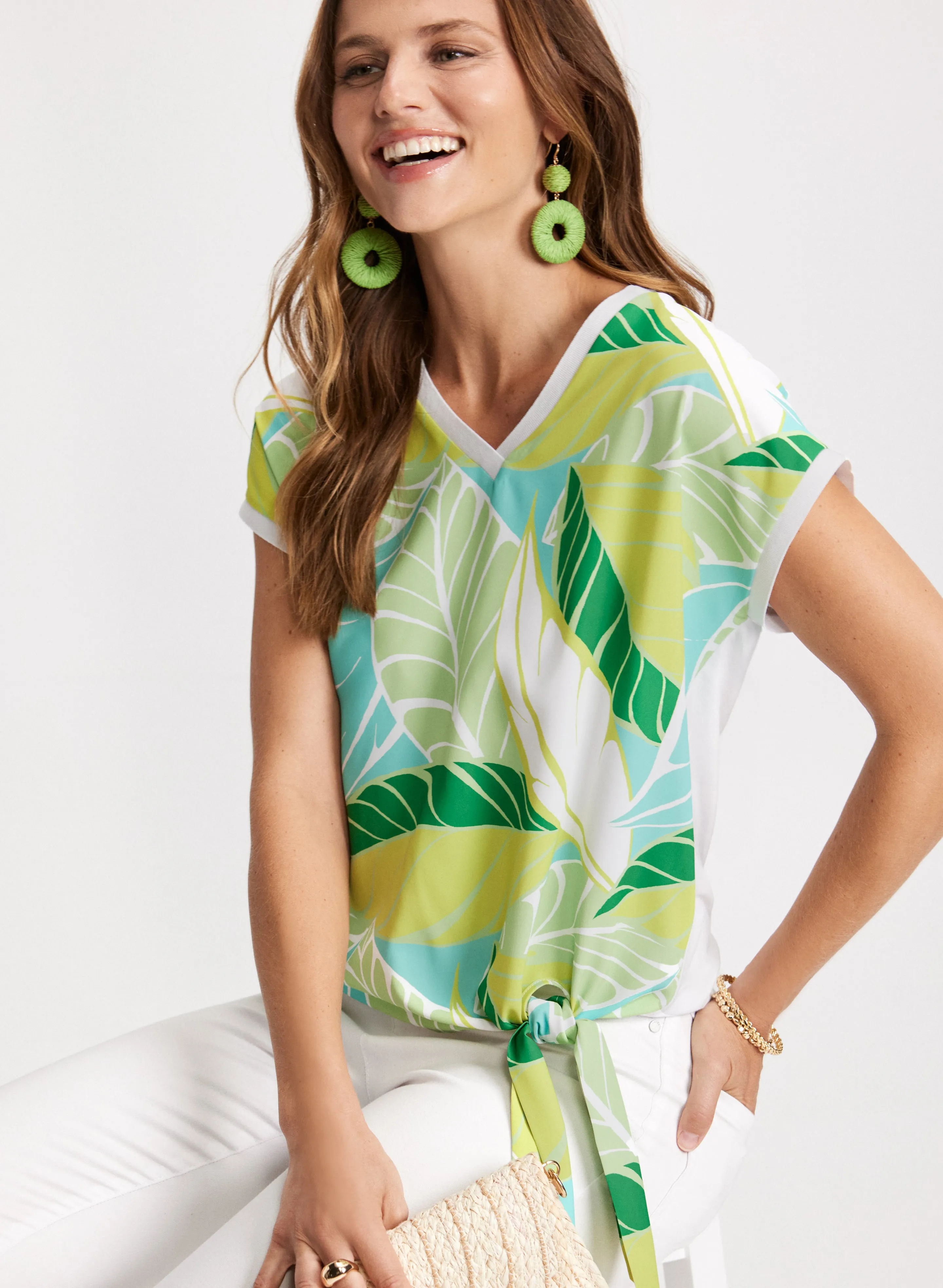 Tied-Hem Leaf Print Top