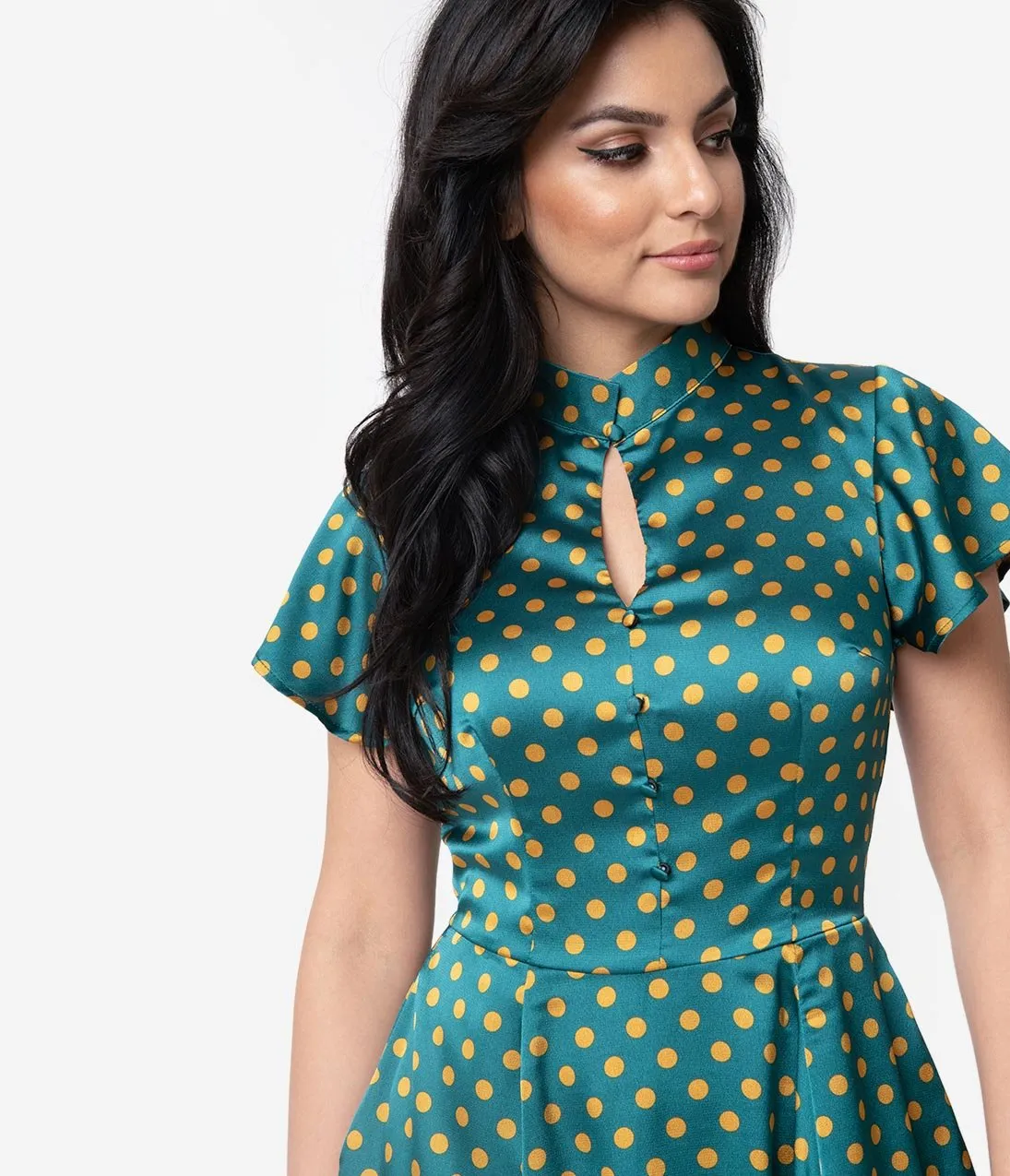 Unique Vintage 1950s Emerald & Yellow Polka Dot Baltimore Swing Dress