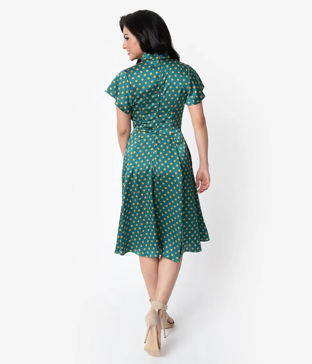 Unique Vintage 1950s Emerald & Yellow Polka Dot Baltimore Swing Dress