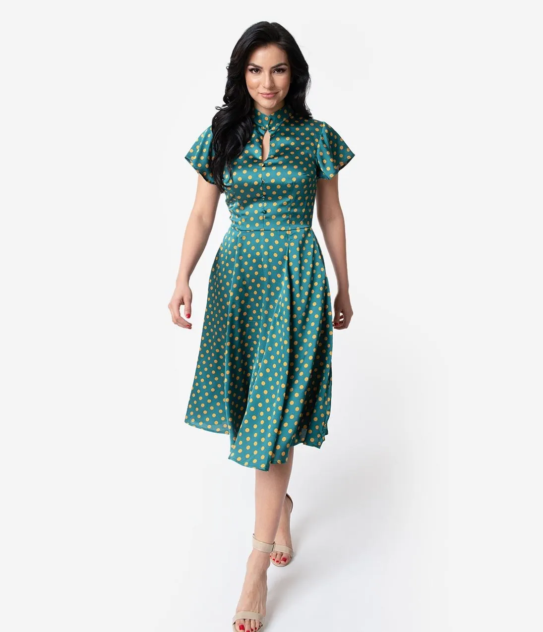 Unique Vintage 1950s Emerald & Yellow Polka Dot Baltimore Swing Dress