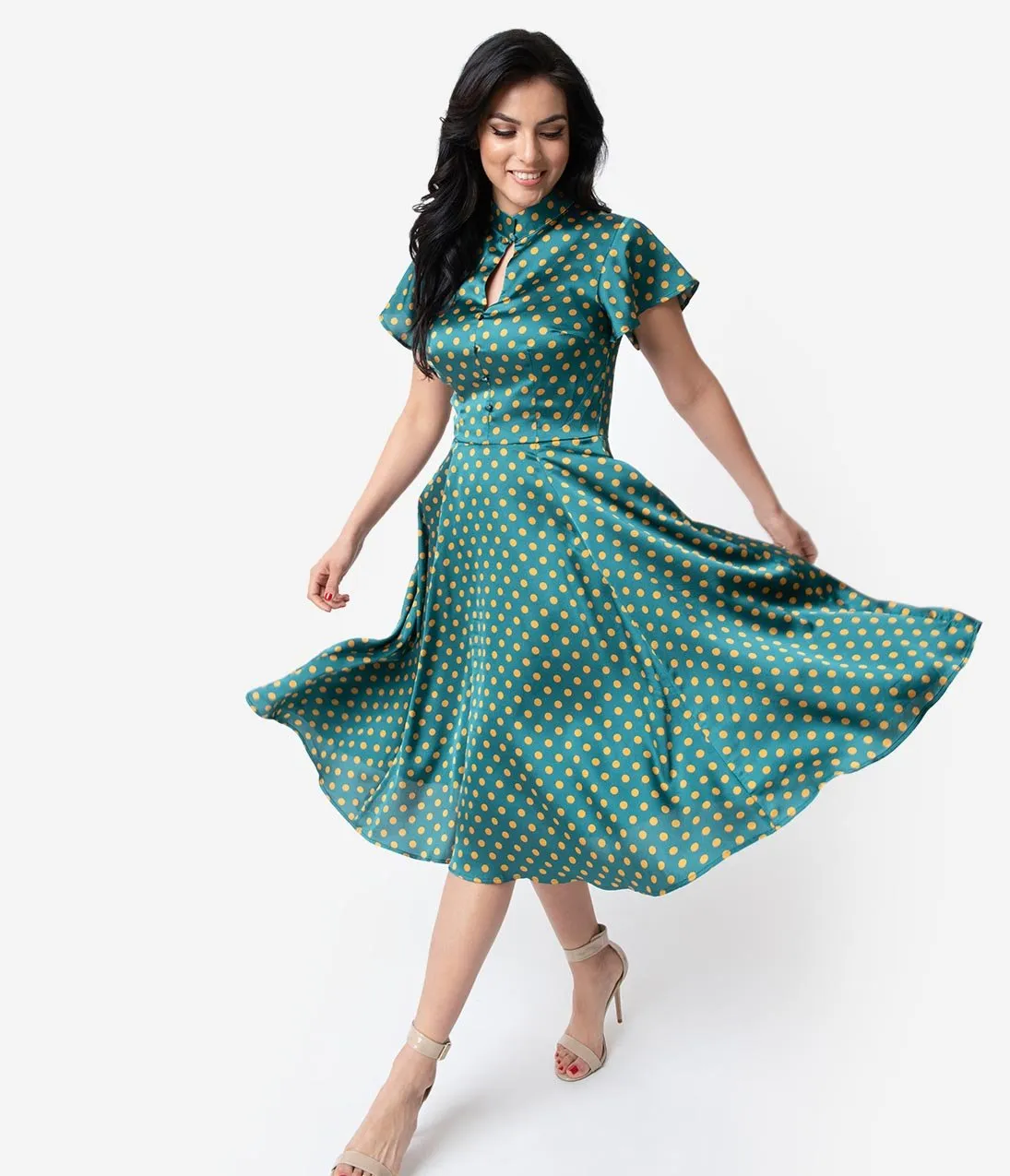 Unique Vintage 1950s Emerald & Yellow Polka Dot Baltimore Swing Dress