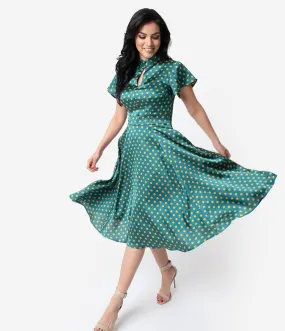 Unique Vintage 1950s Emerald & Yellow Polka Dot Baltimore Swing Dress
