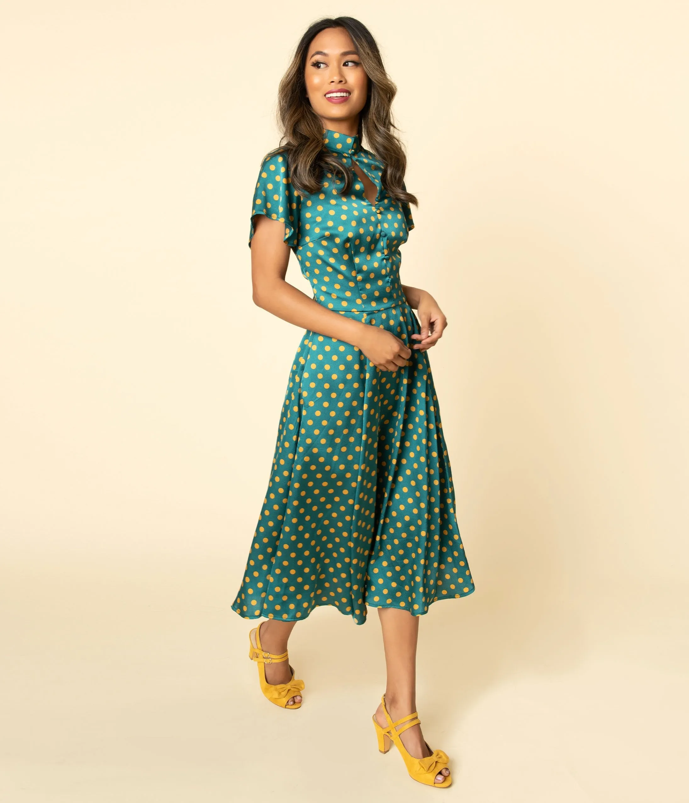 Unique Vintage 1950s Emerald & Yellow Polka Dot Baltimore Swing Dress