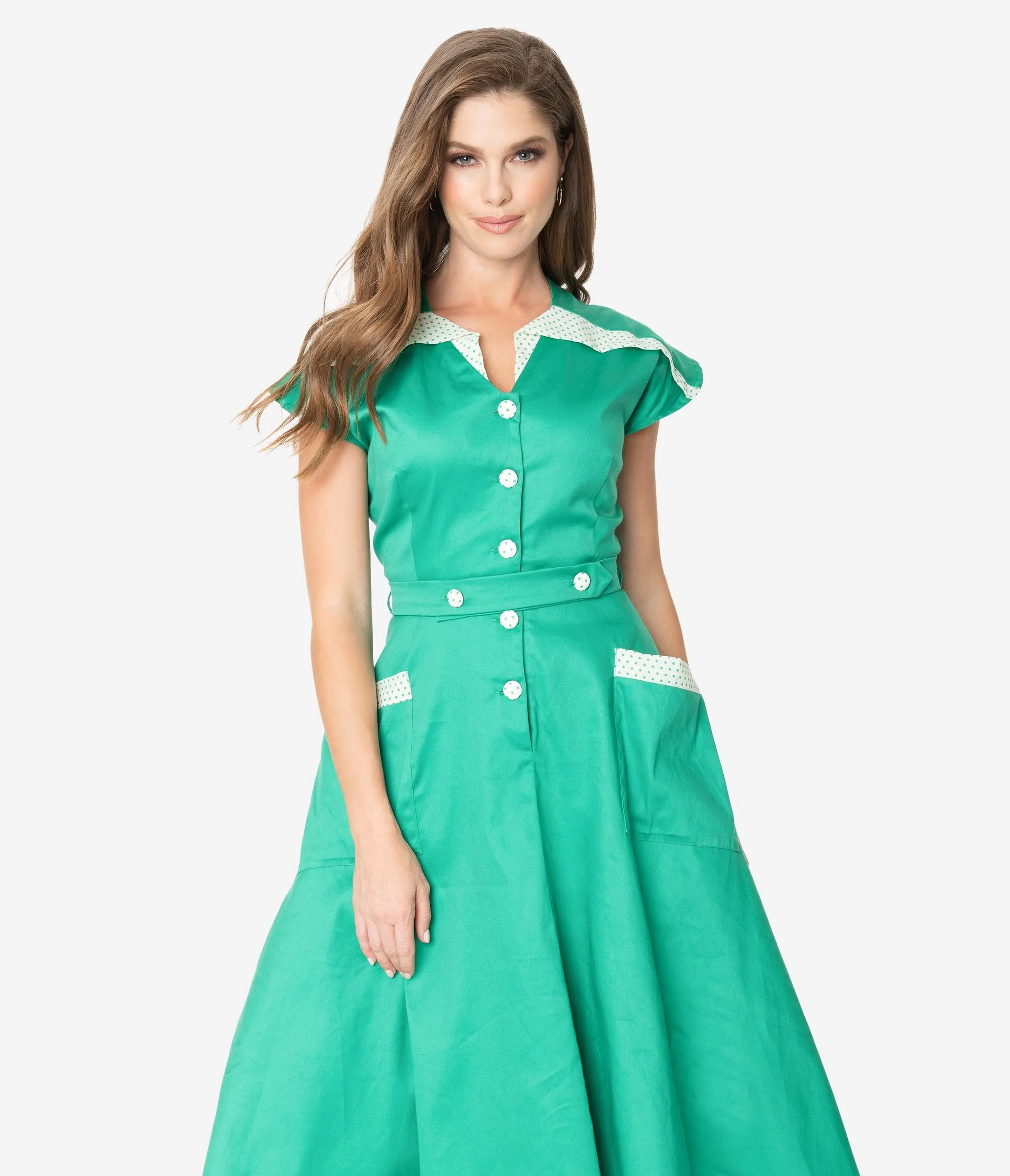Unique Vintage 1950s Style Green & Ivory Hedda Swing Dress