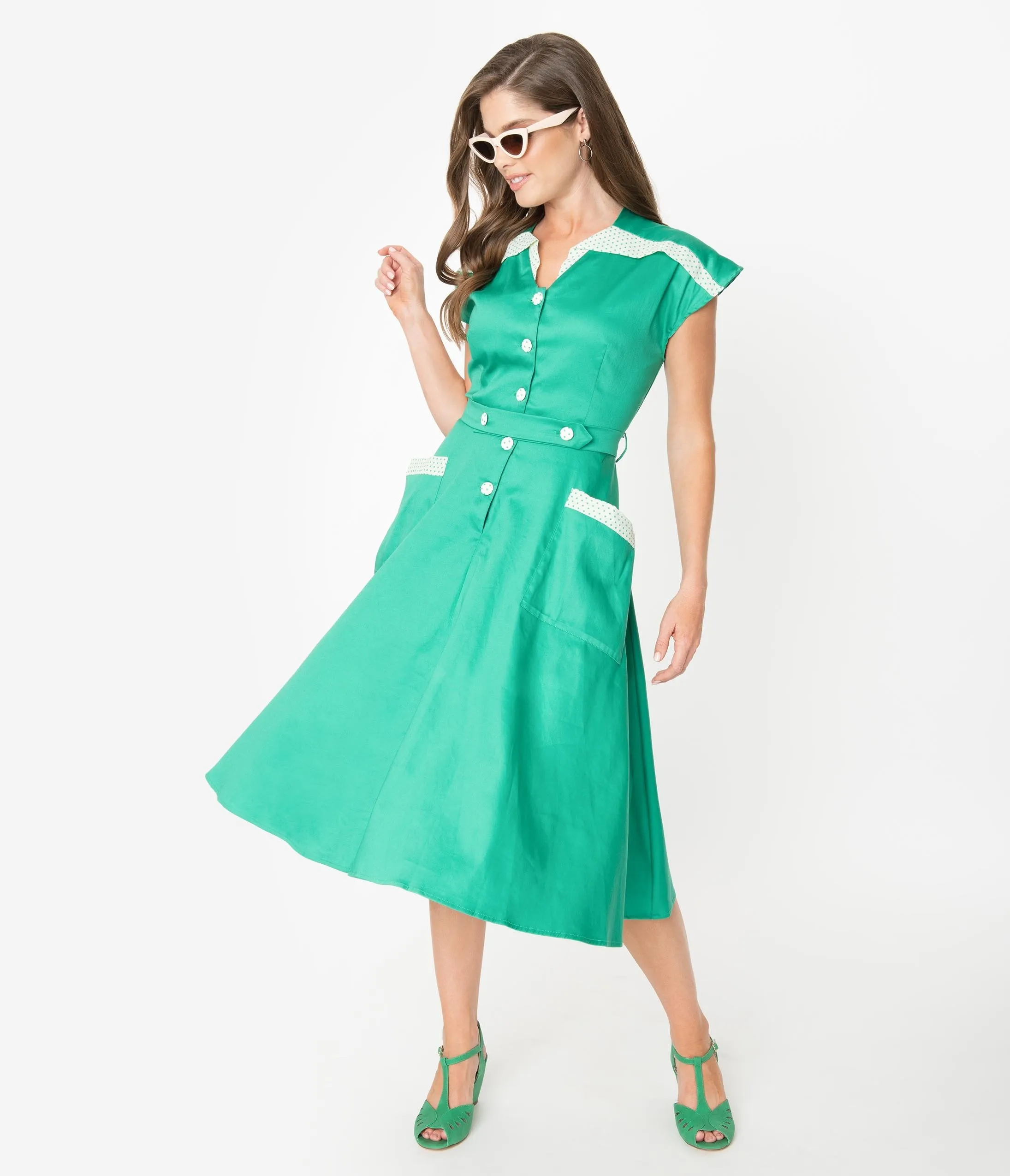 Unique Vintage 1950s Style Green & Ivory Hedda Swing Dress