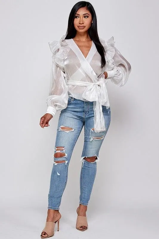 White Ruffle Surplice Blouse
