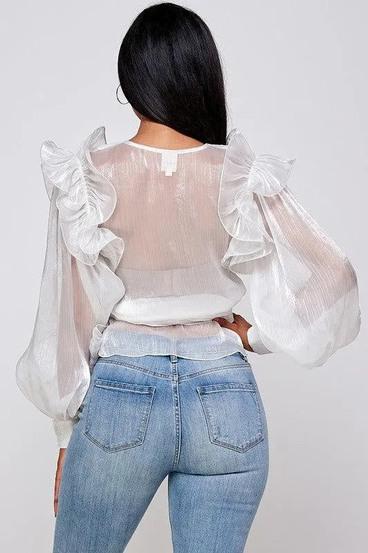 White Ruffle Surplice Blouse