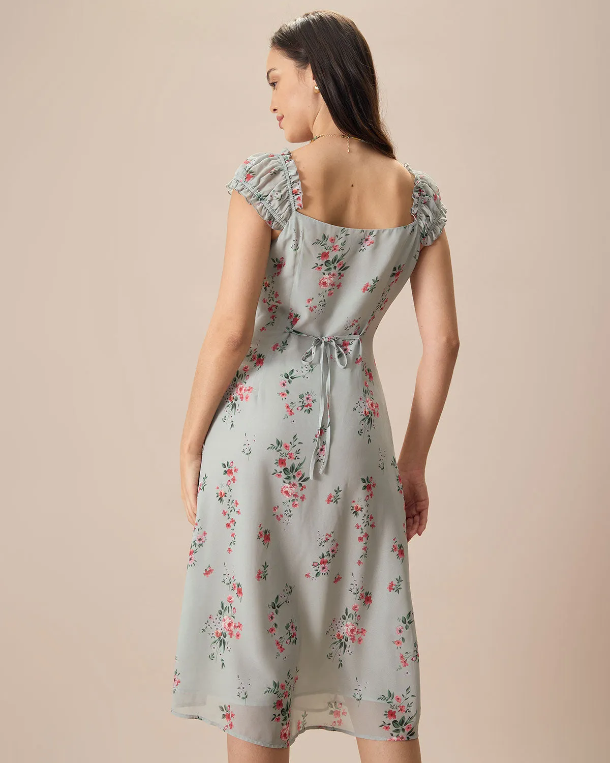Women's Green V-Neck Floral Midi Dress