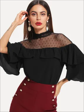 Women's Layered Ruffle Sleeve Dotted Mesh Blouse