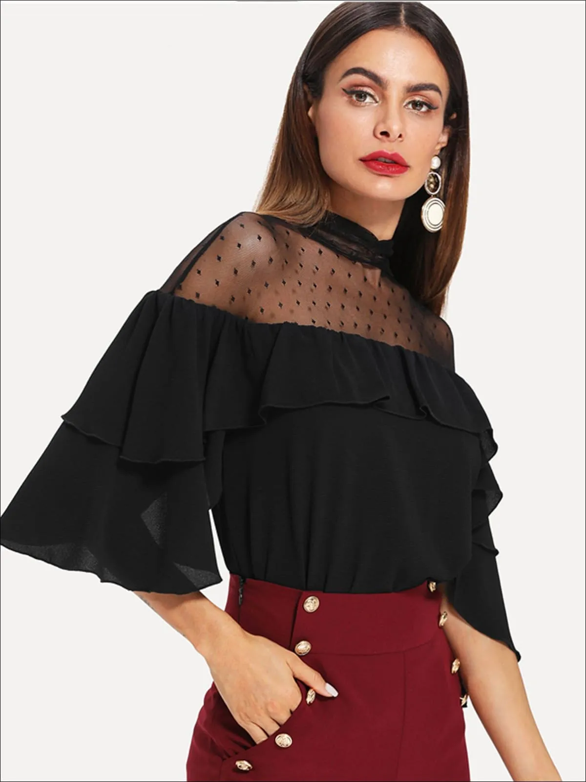 Women's Layered Ruffle Sleeve Dotted Mesh Blouse