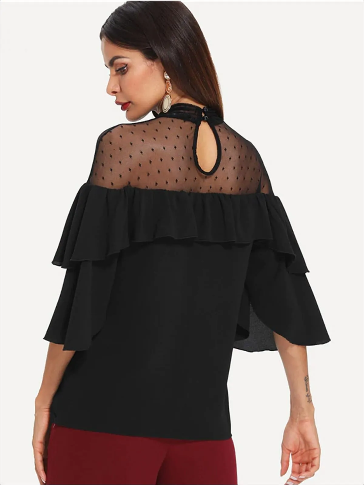 Women's Layered Ruffle Sleeve Dotted Mesh Blouse