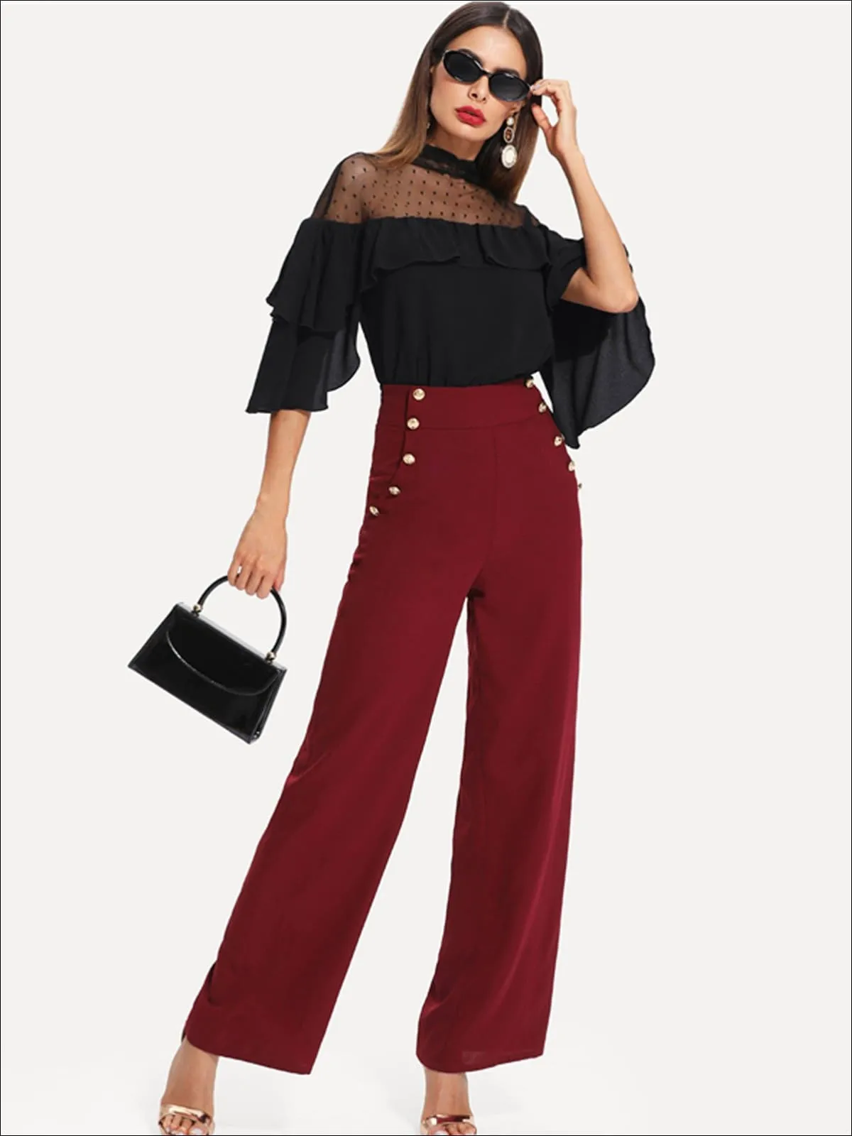 Women's Layered Ruffle Sleeve Dotted Mesh Blouse