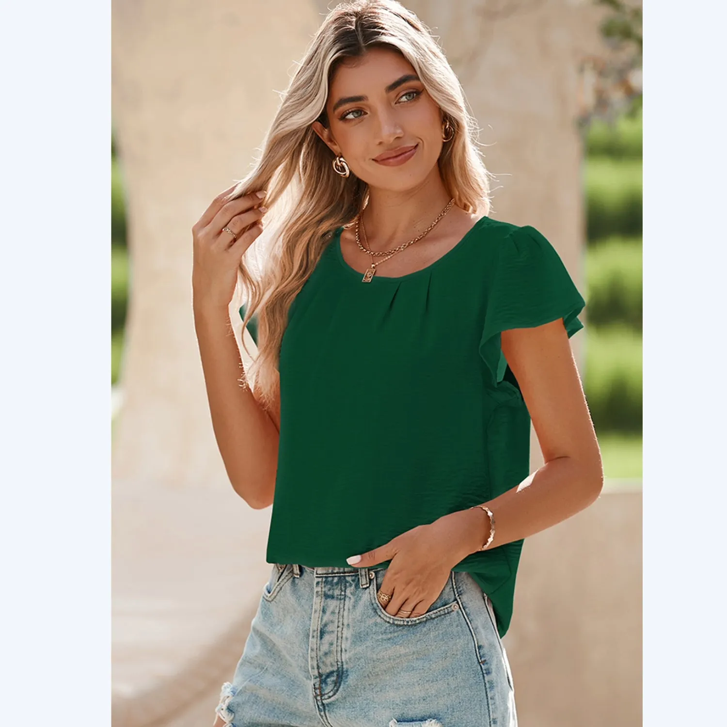 Women's Pleated Ruffle Sleeves Chiffon Blouses - Casual Summer Top