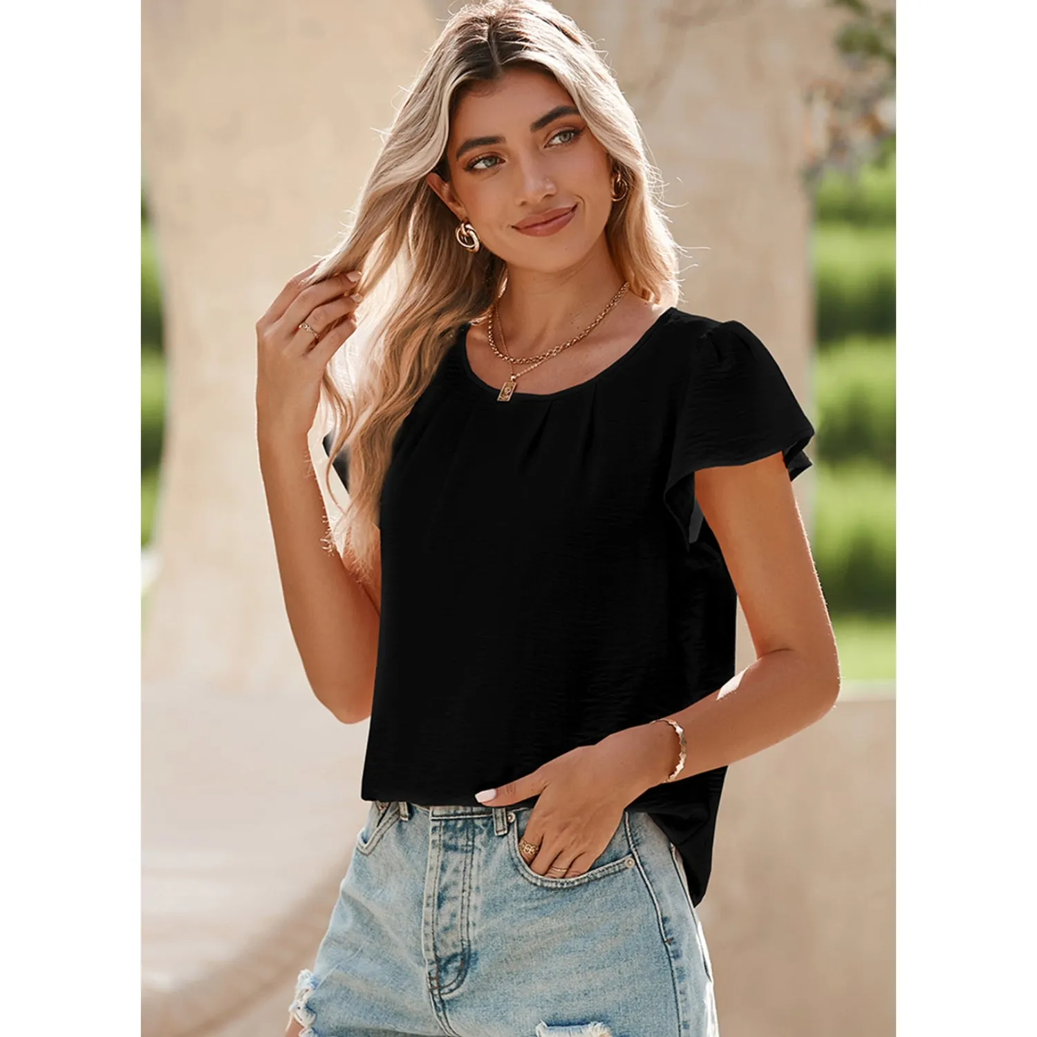 Women's Pleated Ruffle Sleeves Chiffon Blouses - Casual Summer Top