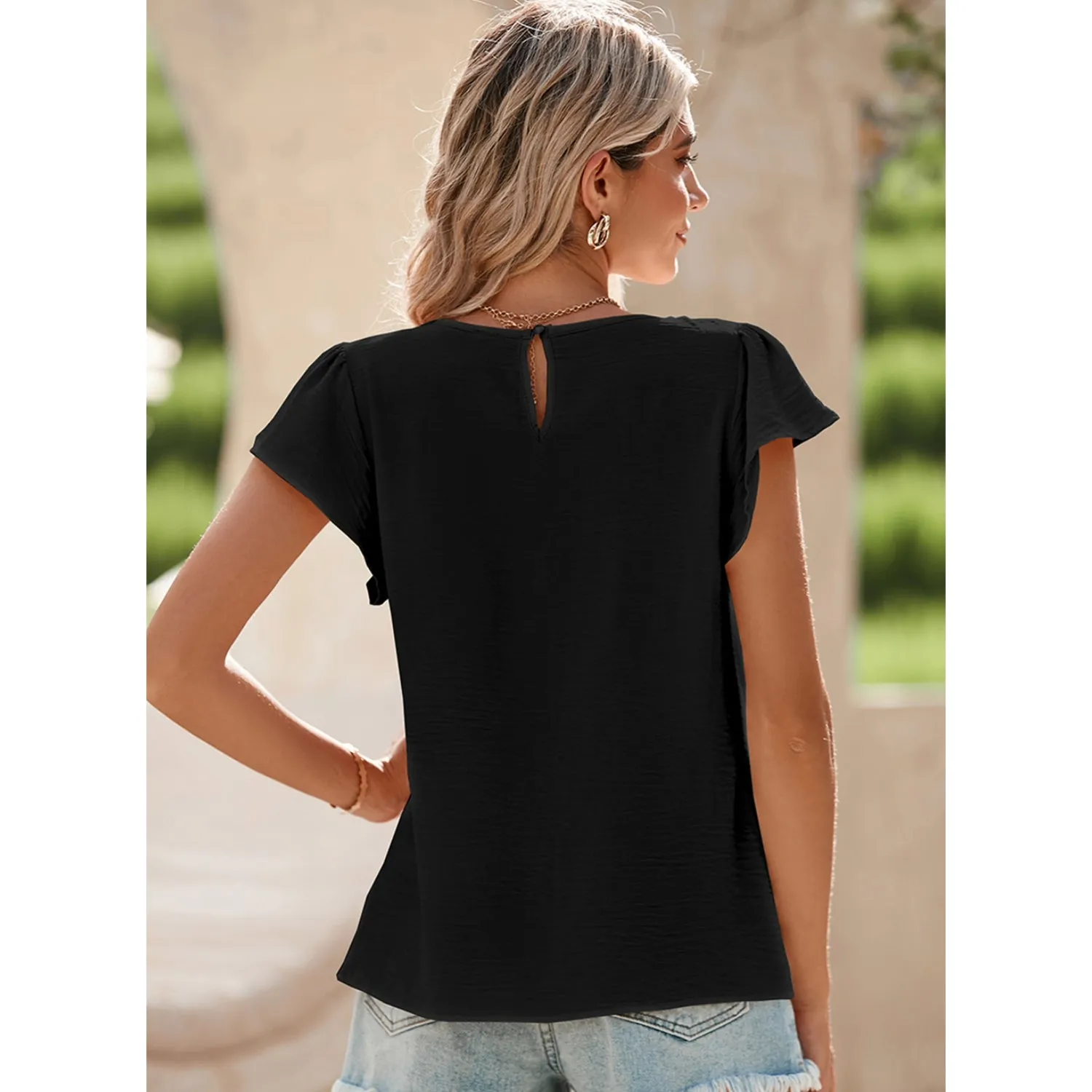 Women's Pleated Ruffle Sleeves Chiffon Blouses - Casual Summer Top
