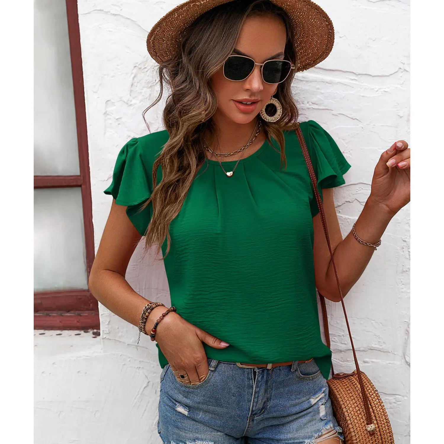 Women's Pleated Ruffle Sleeves Chiffon Blouses - Casual Summer Top