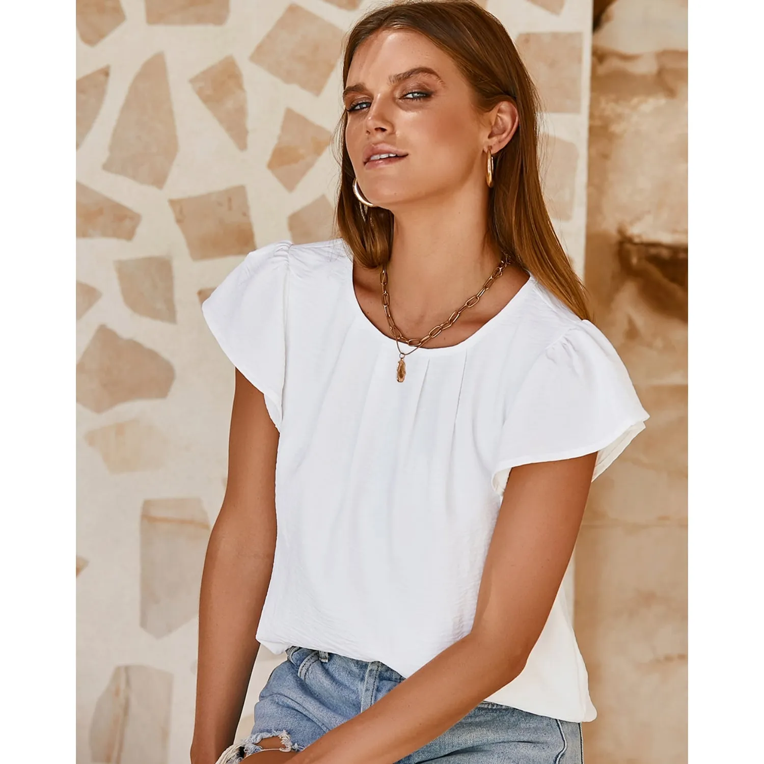 Women's Pleated Ruffle Sleeves Chiffon Blouses - Casual Summer Top