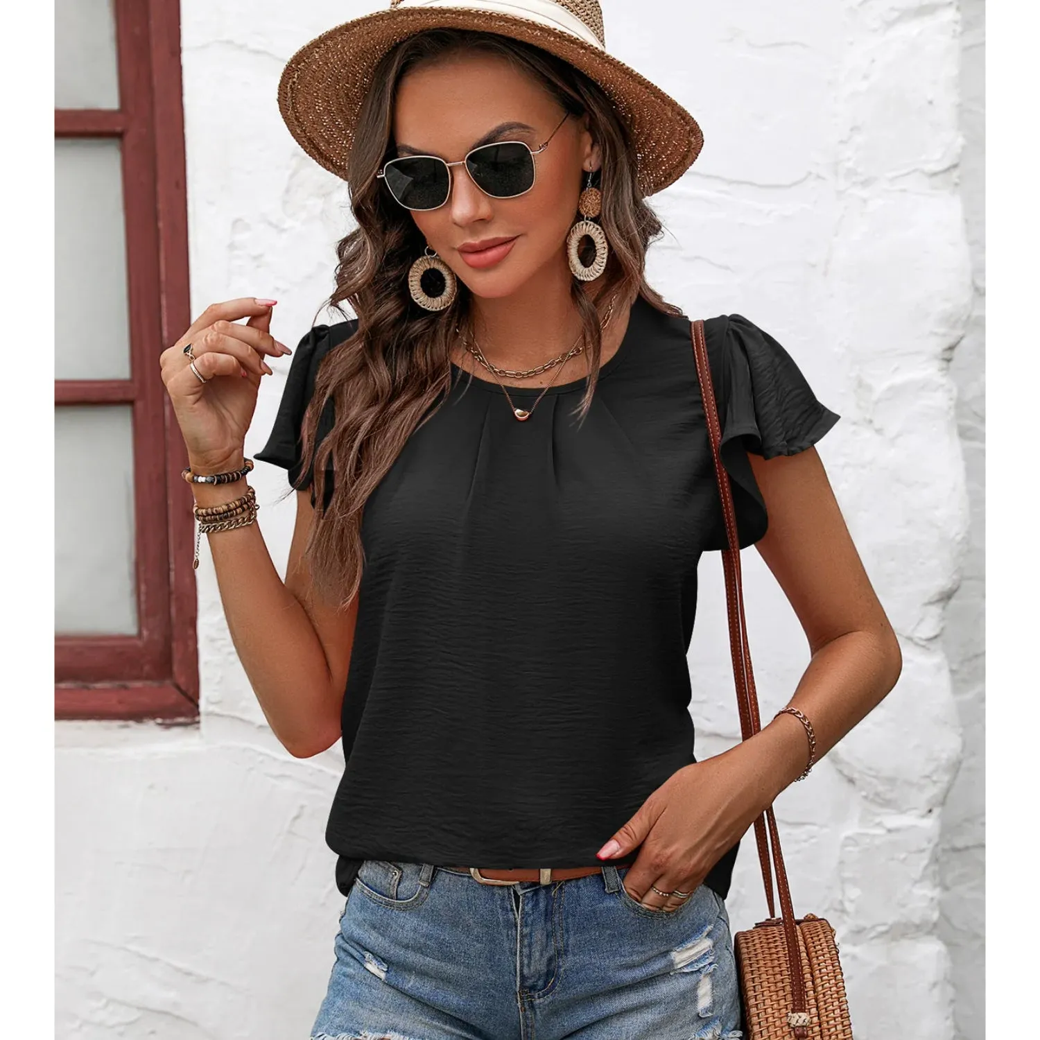 Women's Pleated Ruffle Sleeves Chiffon Blouses - Casual Summer Top