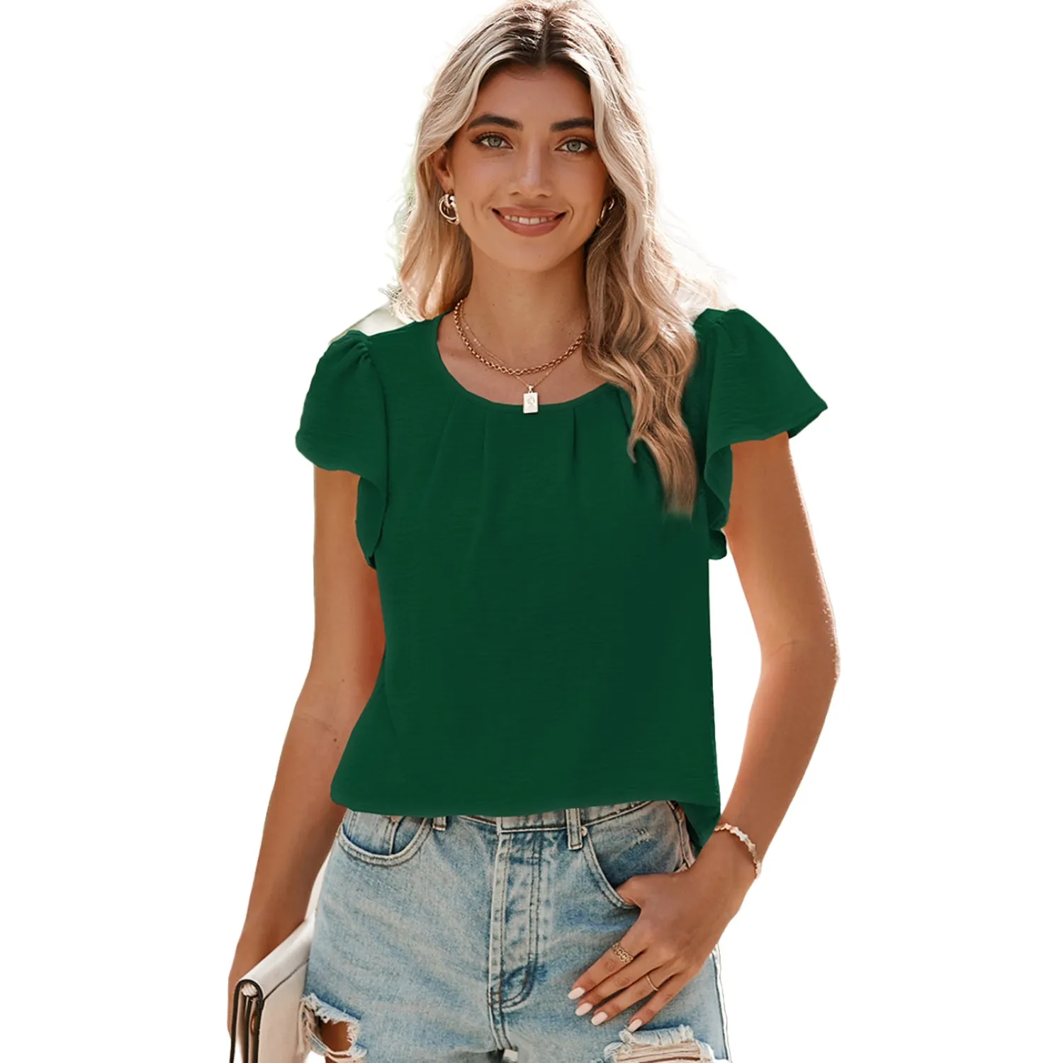 Women's Pleated Ruffle Sleeves Chiffon Blouses - Casual Summer Top