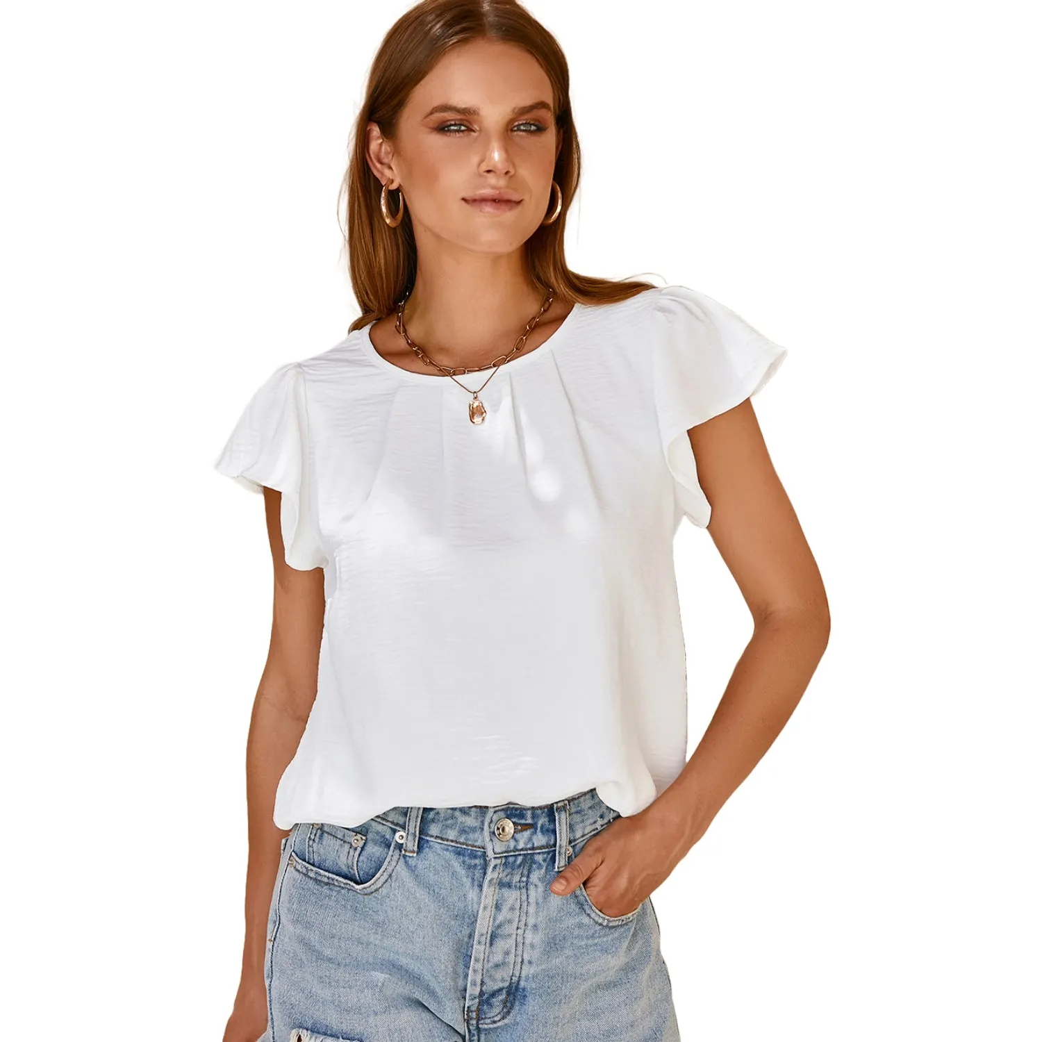 Women's Pleated Ruffle Sleeves Chiffon Blouses - Casual Summer Top