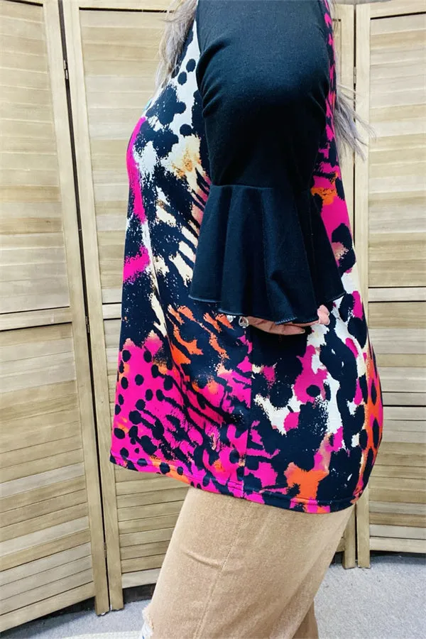 YMY15525 Fuchsia/black leopard multi color printed solid black color 3/4 sleeve/ruffle women tops