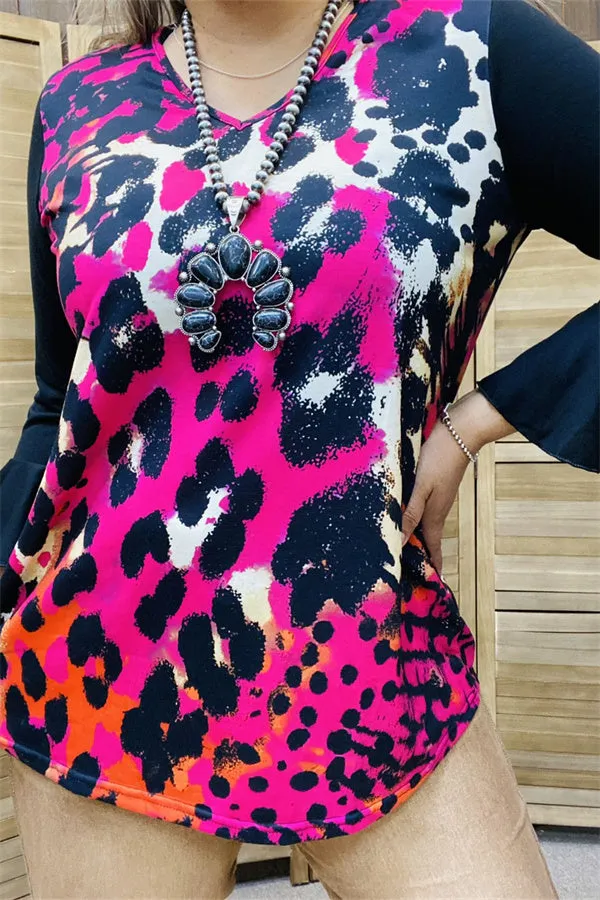 YMY15525 Fuchsia/black leopard multi color printed solid black color 3/4 sleeve/ruffle women tops