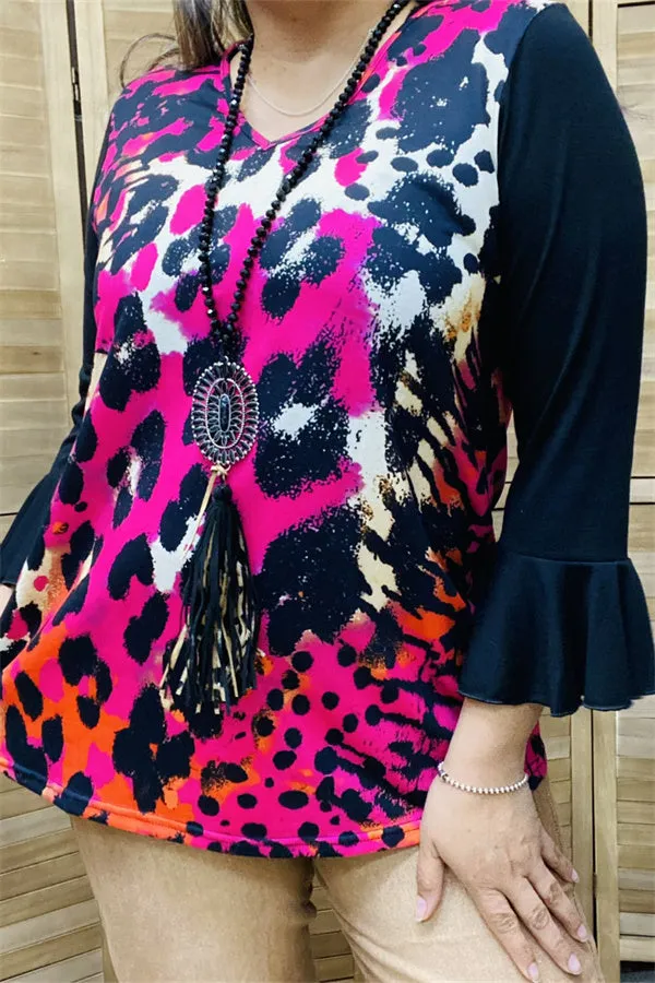 YMY15525 Fuchsia/black leopard multi color printed solid black color 3/4 sleeve/ruffle women tops