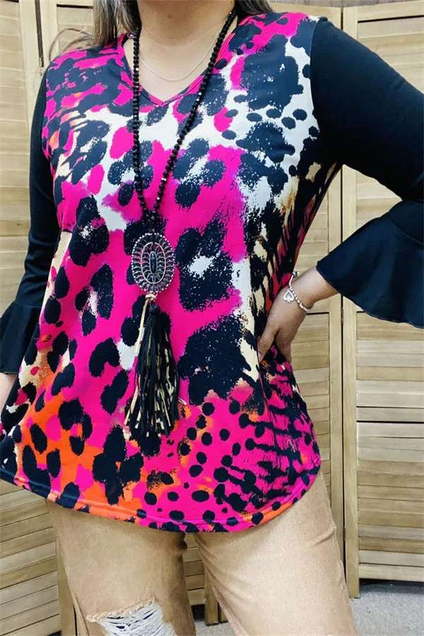 YMY15525 Fuchsia/black leopard multi color printed solid black color 3/4 sleeve/ruffle women tops